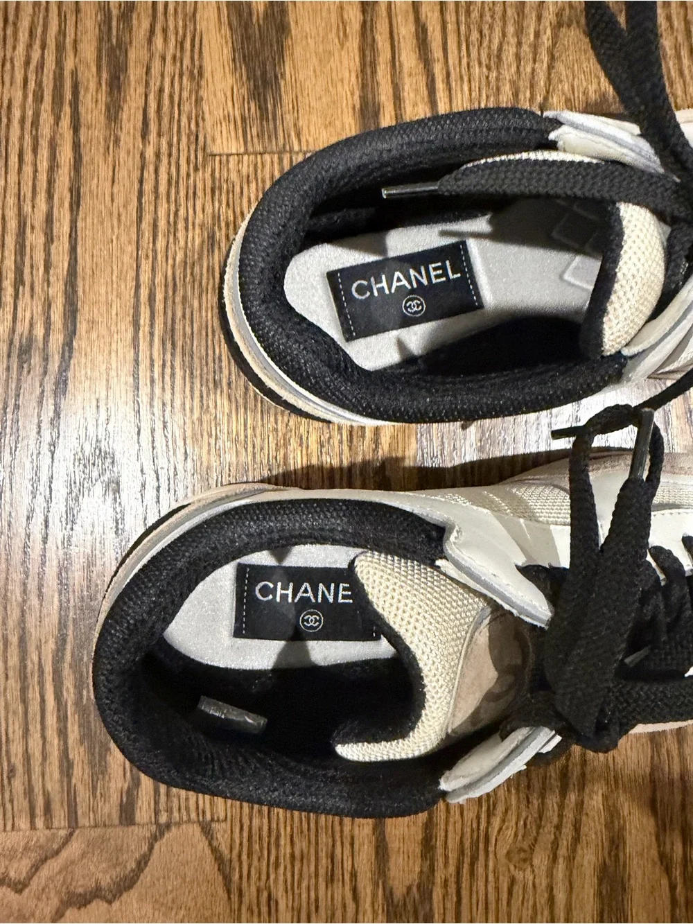 CHANEL Black, White & Beige CC Logo Lace-Up Sneakers